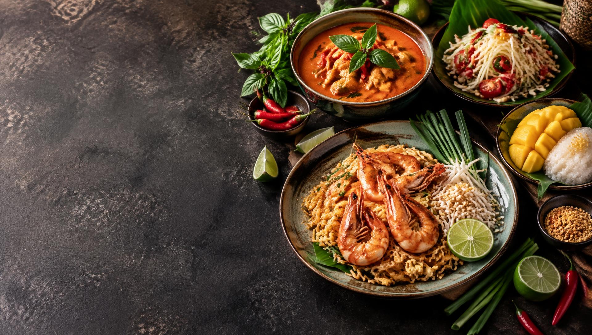 Thai feast with prawn pad Thai, curry, papaya salad and mango sticky rice